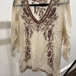 Johnny Was Cream and Brown Embellished 3/4 Sleeve Blouse